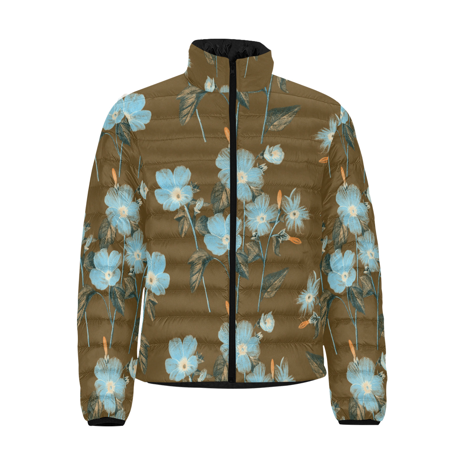Rustic Blue Floral Bouquet Men's Stand Collar Padded Jacket (Model H41)