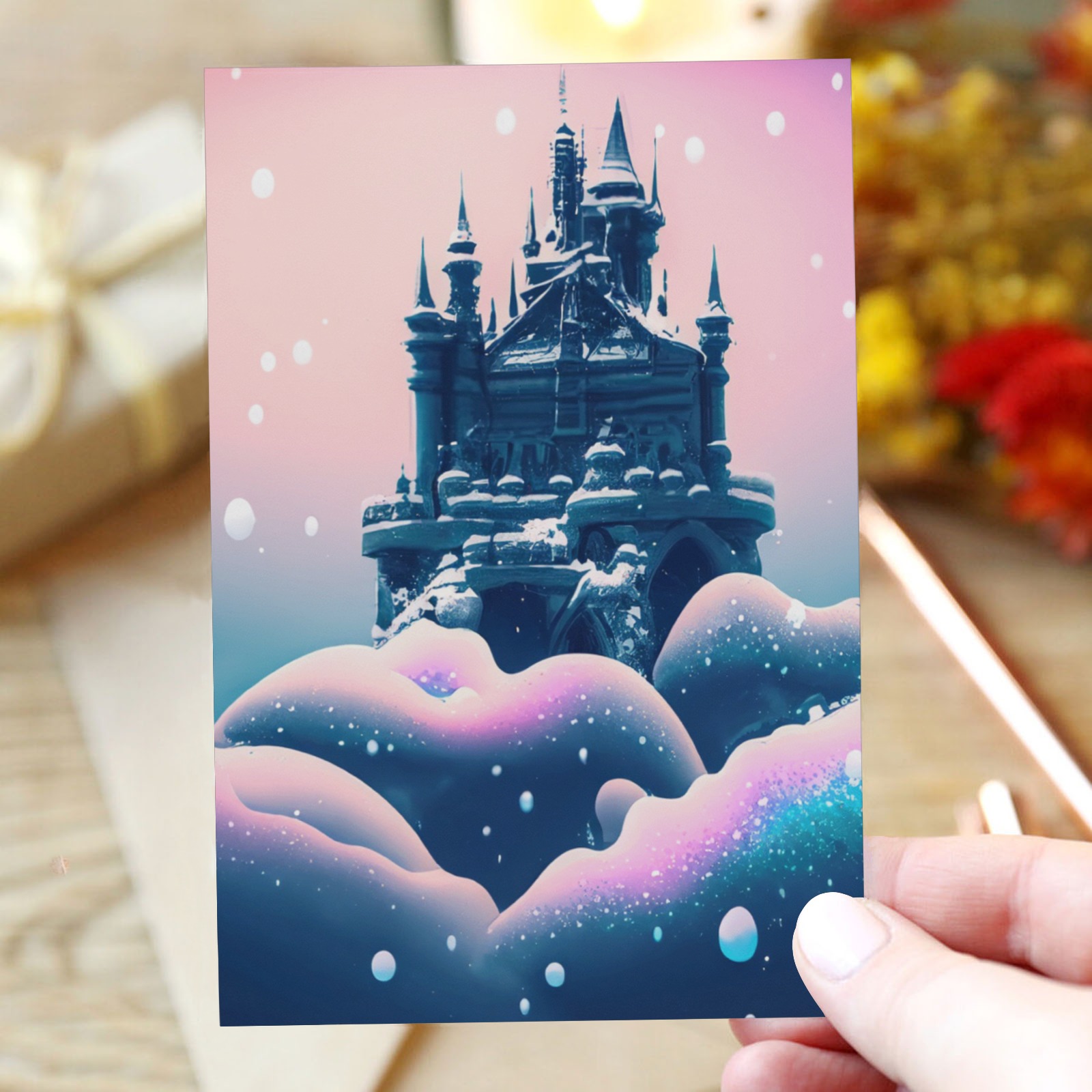 snowy background color paint droplets the image of a castle on clouds 2 Greeting Card 4"x6"