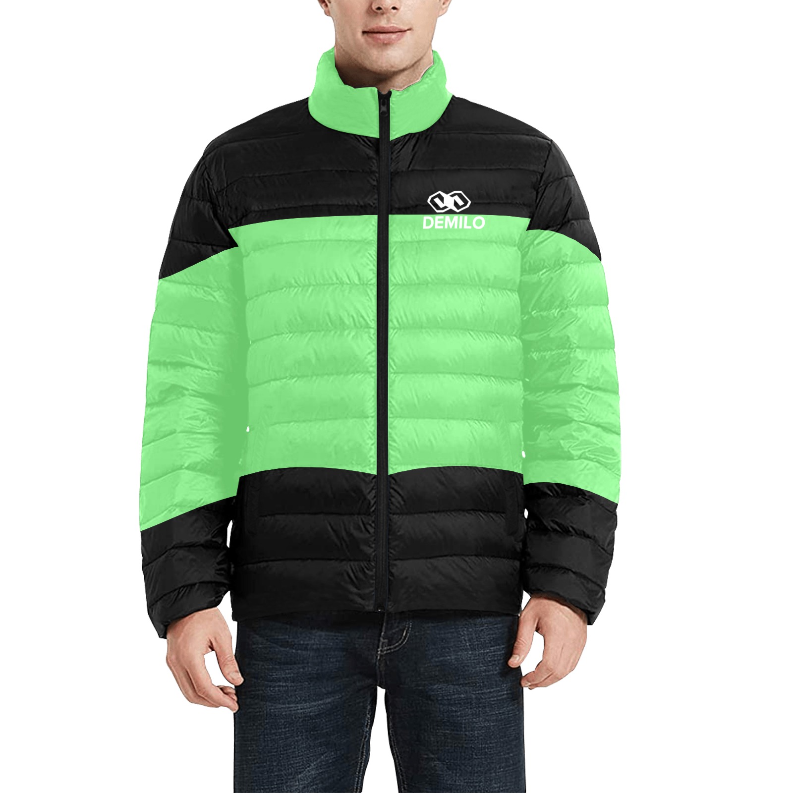 pistachio green and black Men's Stand Collar Padded Jacket (Model H41)
