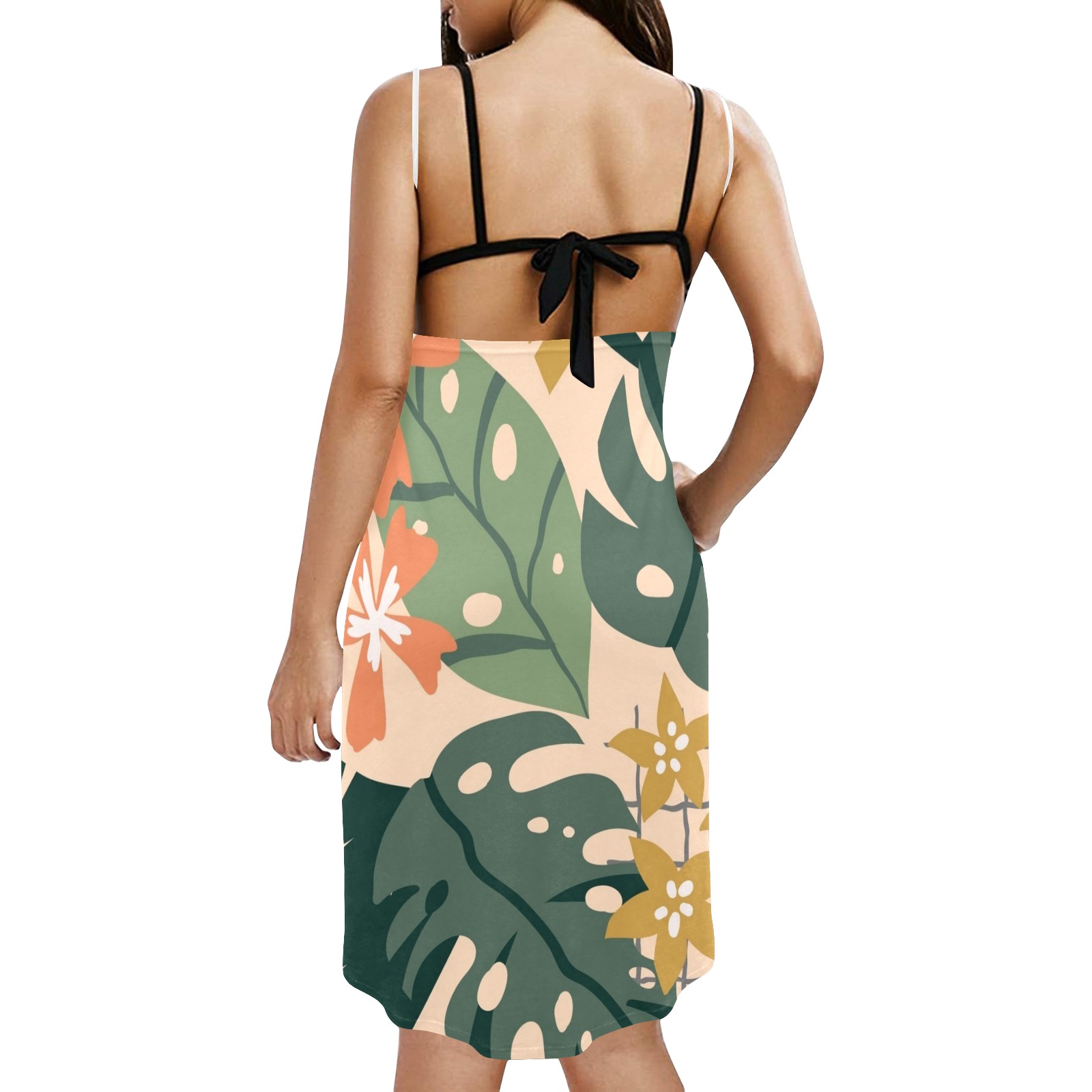 Tropical Leaves Abstract Spaghetti Strap Backless Beach Cover Up Dress (Model D65)