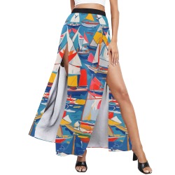 Fantasy sailboats at sea. Elegant abstract art. High Slit Long Beach Dress (Model S40)