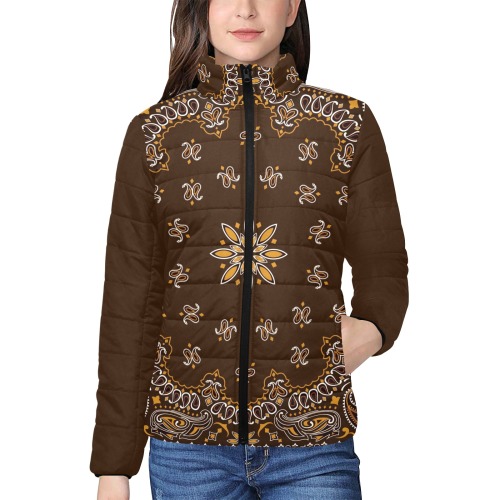 Brown Bandanna Pattern / Brown Women's Stand Collar Padded Jacket (Model H41)