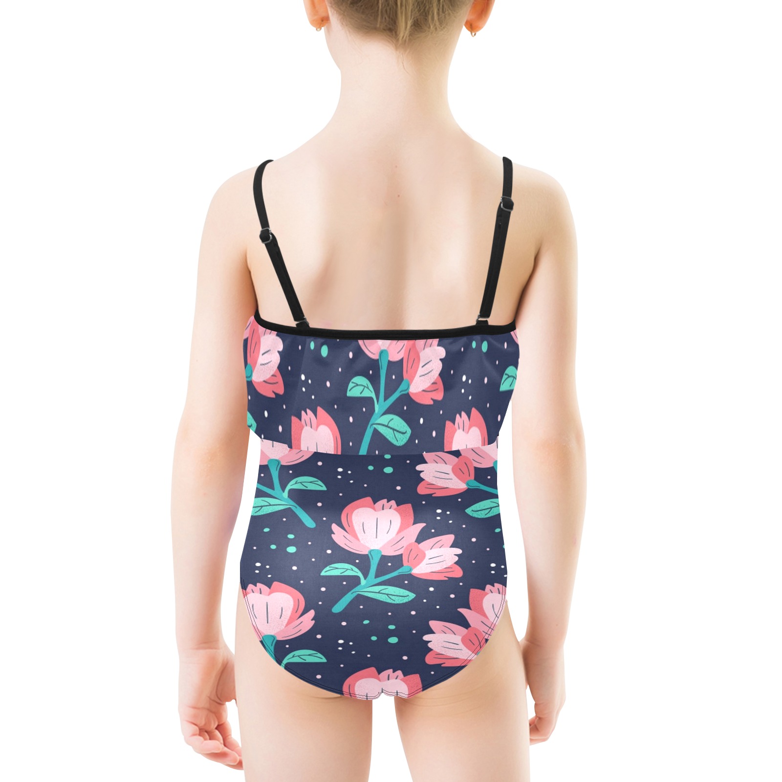 Adorable Pink Floral Kids' Spaghetti Strap Ruffle Swimsuit (Model S26)