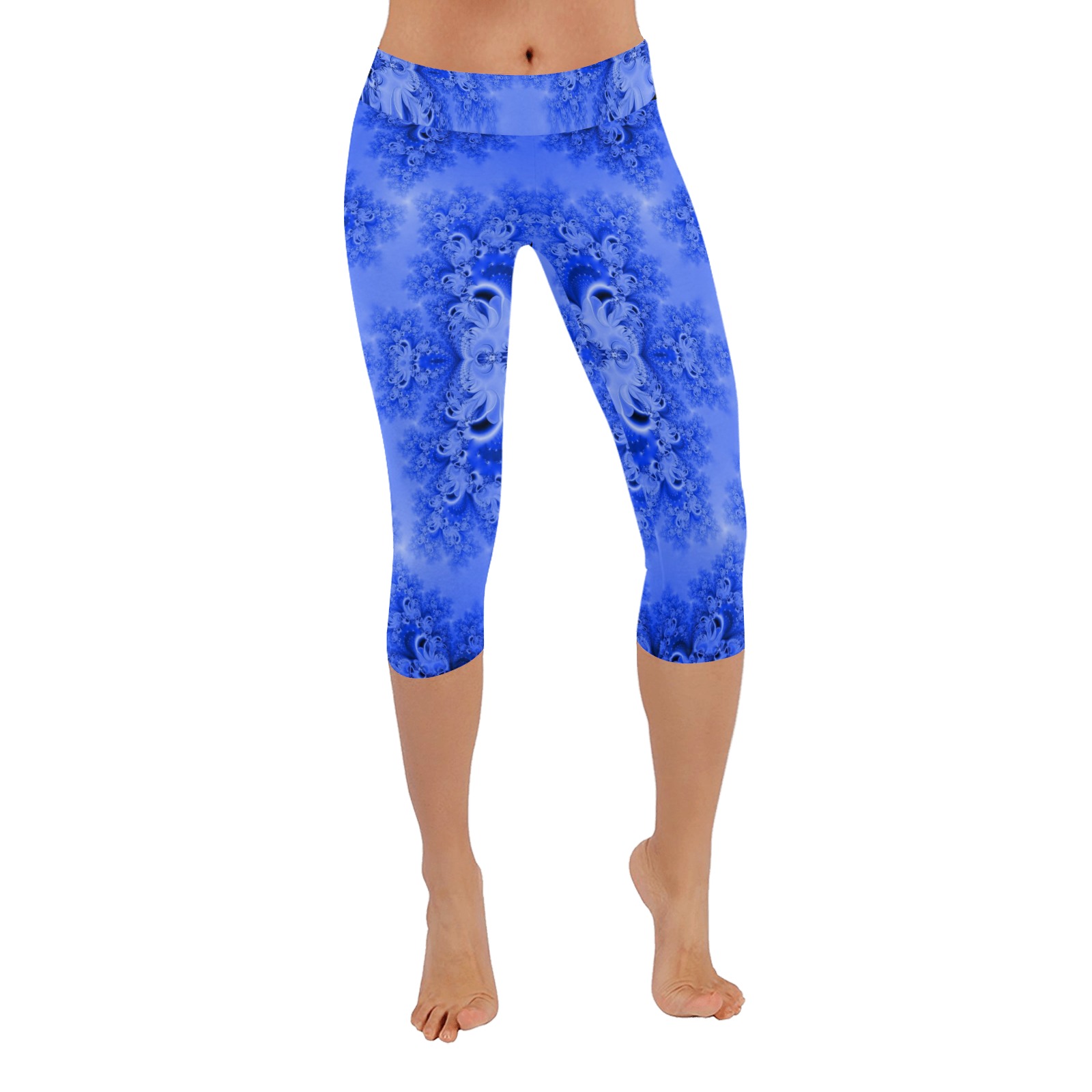 Blue Sky over the Bluebells Frost Fractal Women's Low Rise Capri Leggings (Invisible Stitch) (Model L08)