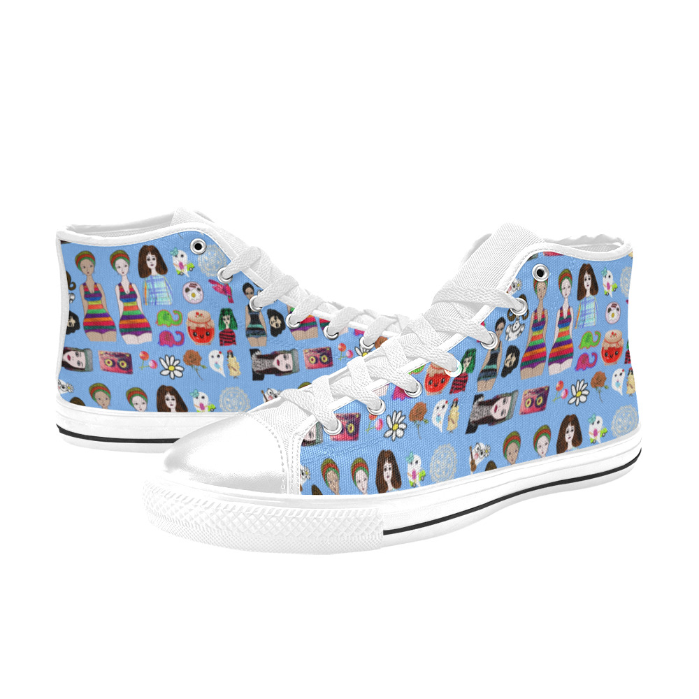 drawing collage blue High Top Canvas Shoes for Kid (Model 017)