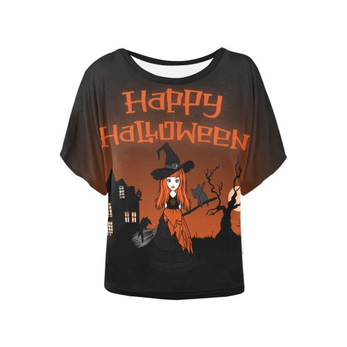 Happy Halloween Witch Women's Batwing-Sleeved Blouse T shirt (Model T44)