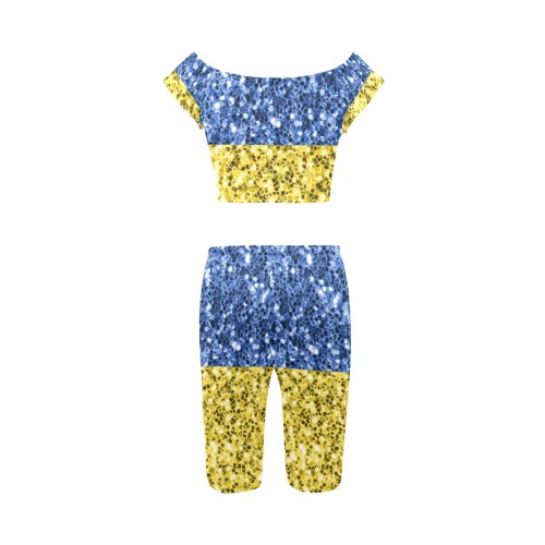 Blue yellow Ukraine flag glitter faux sparkles Women's Crop Top Yoga Set