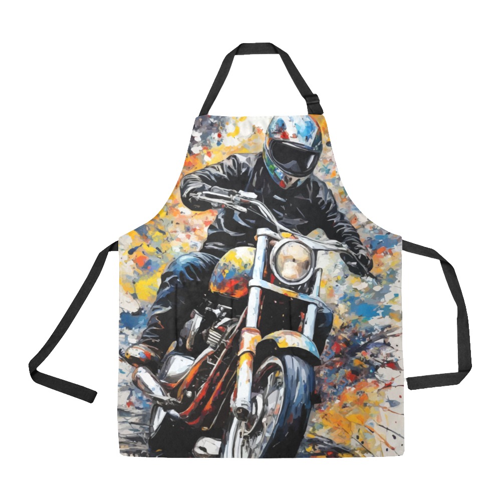 Male motorcyclist drives a bike. Colorful art All Over Print Apron