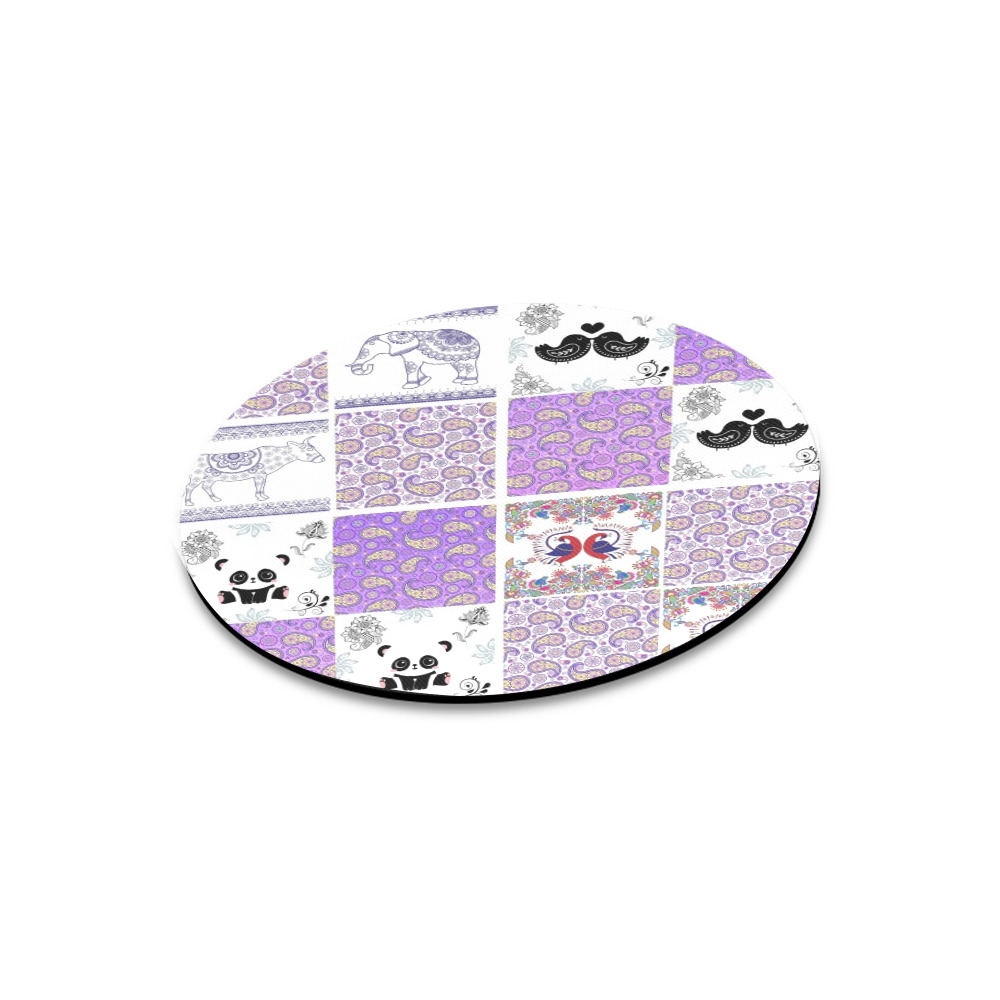 Purple Paisley Birds and Animals Patchwork Design Round Mousepad