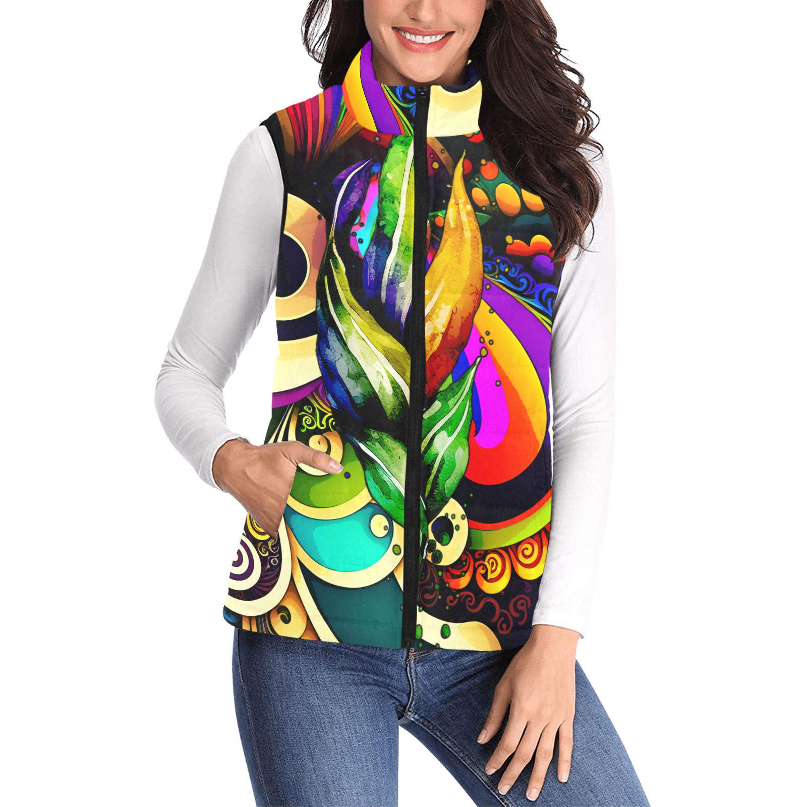 Mardi Gras Colorful New Orleans Women's Padded Vest Jacket (Model H44)