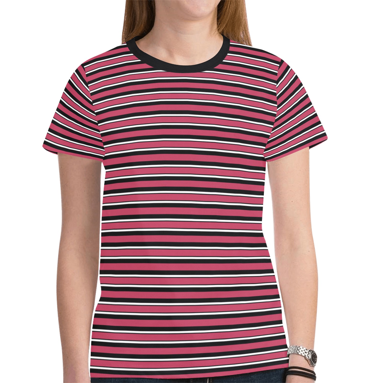 Magenta, Black and White Stripes New All Over Print T-shirt for Women (Model T45)