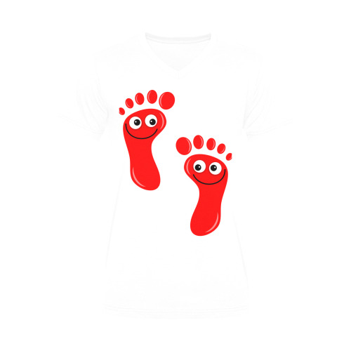 Happy Cartoon Red Human Foot Prints Men's V-Neck T-shirt (USA Size) (Model T10)