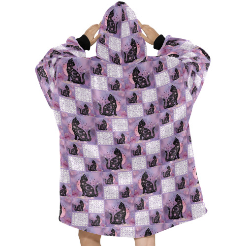 Purple Cosmic Cats Patchwork Pattern Blanket Hoodie for Women