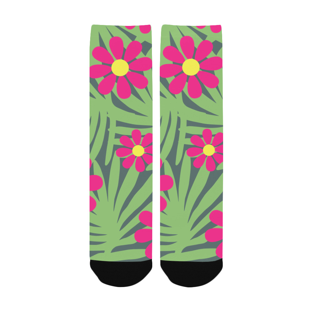 Pink Exotic Paradise Jungle Flowers and Leaves Women's Custom Socks