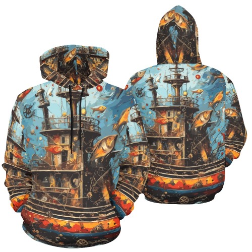Fairy tale fantasy ship at sea and fishes art. All Over Print Hoodie for Men (USA Size) (Model H13)