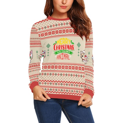 Merry Christmas You Filthy Animal Kawii Cats Ugly Sweater (LB) All Over Print Crewneck Sweatshirt for Women (Model H18)