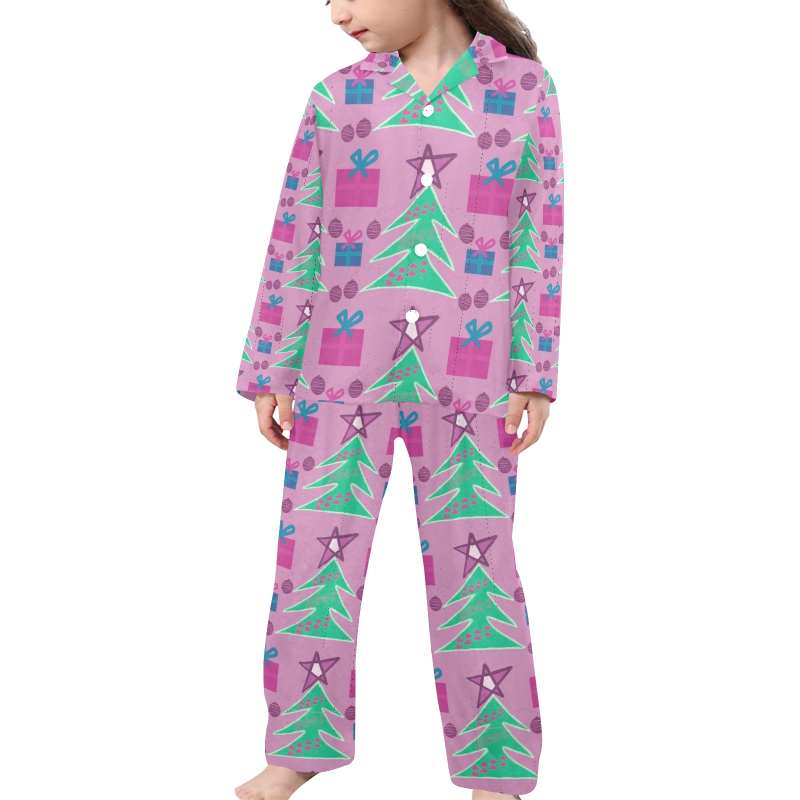 X-mas pink design Little Girls' V-Neck Long Pajama Set
