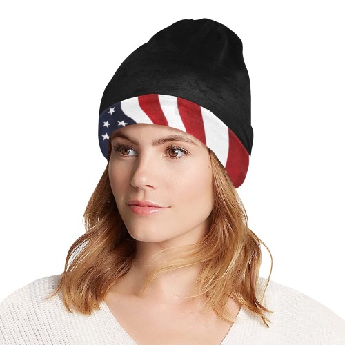 Patriotic USA Flag / Black All Over Print Beanie for Adults