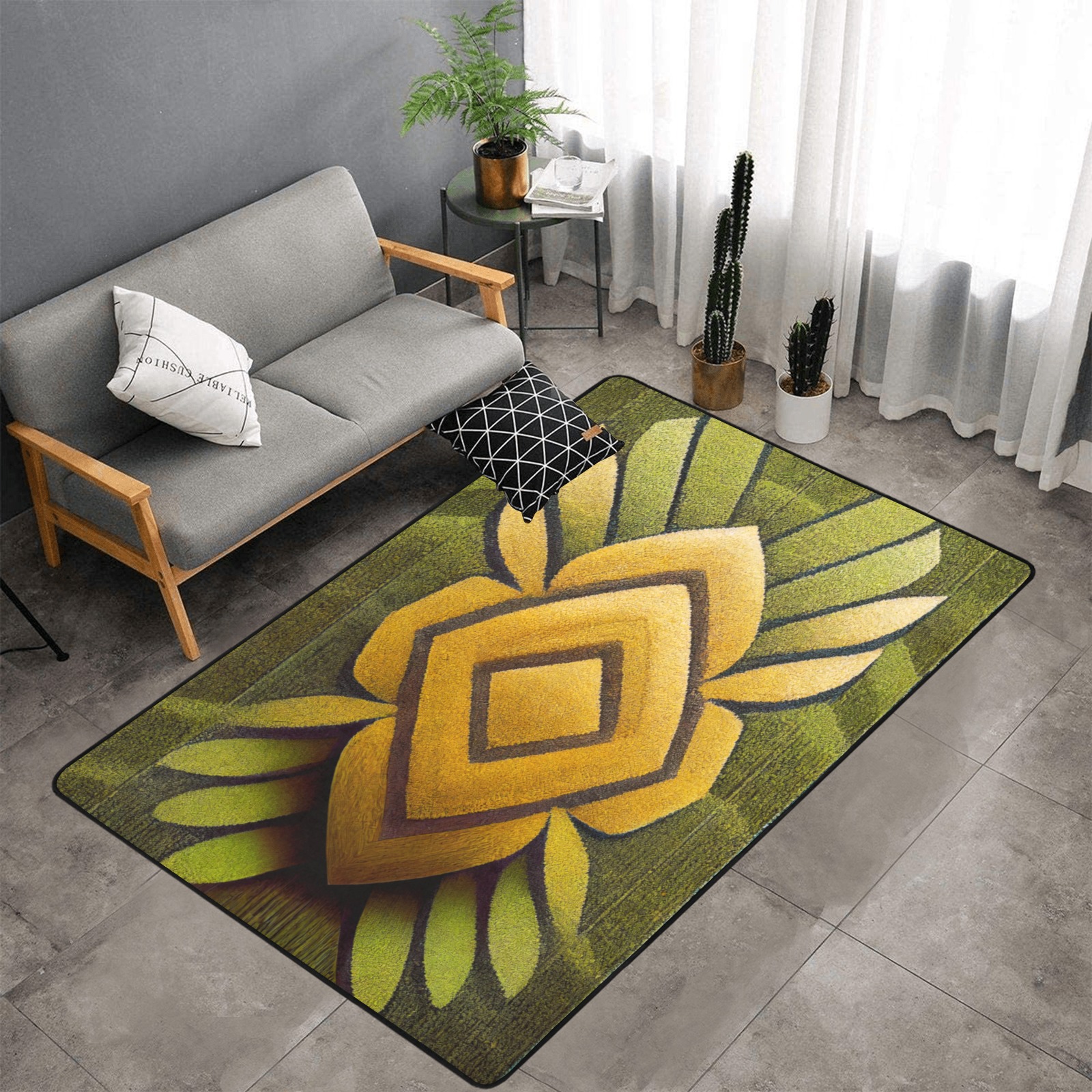 abstract pattern, gold and green Area Rug with Black Binding 7'x5'