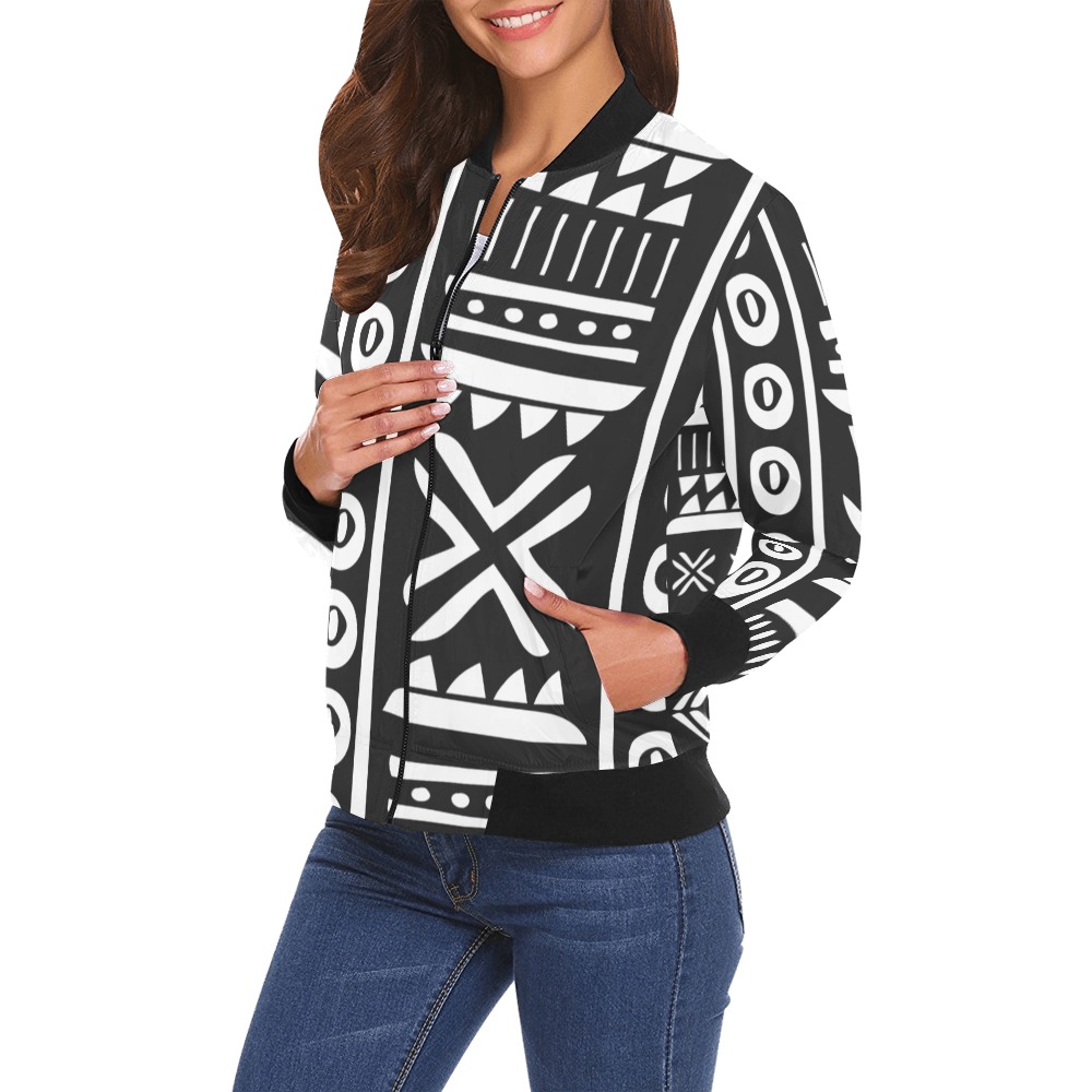 Tribal black and white Bomber Jacket All Over Print Bomber Jacket for Women (Model H19)
