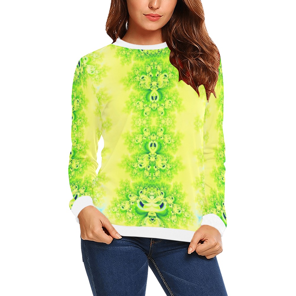 Sunny Ukrainian Sunflowers Frost Fractal All Over Print Crewneck Sweatshirt for Women (Model H18)