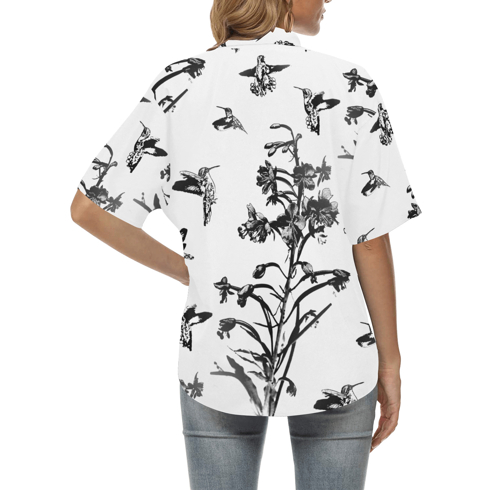 humming birds fire weed black and white All Over Print Hawaiian Shirt for Women (Model T58)
