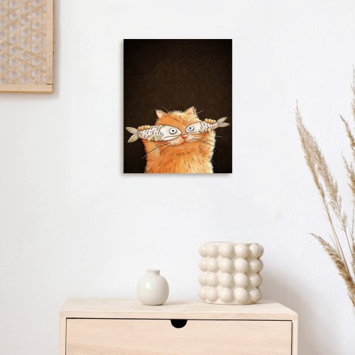 Funny Cat Holding Fish Wood Print 8"x10"