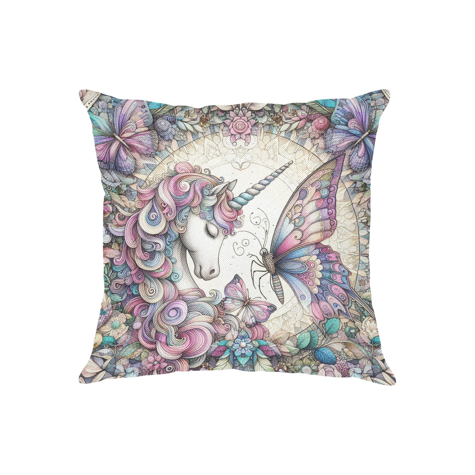 The Unicorn And Butterfly Linen Zippered Pillowcase 18"x18"(Two Sides)