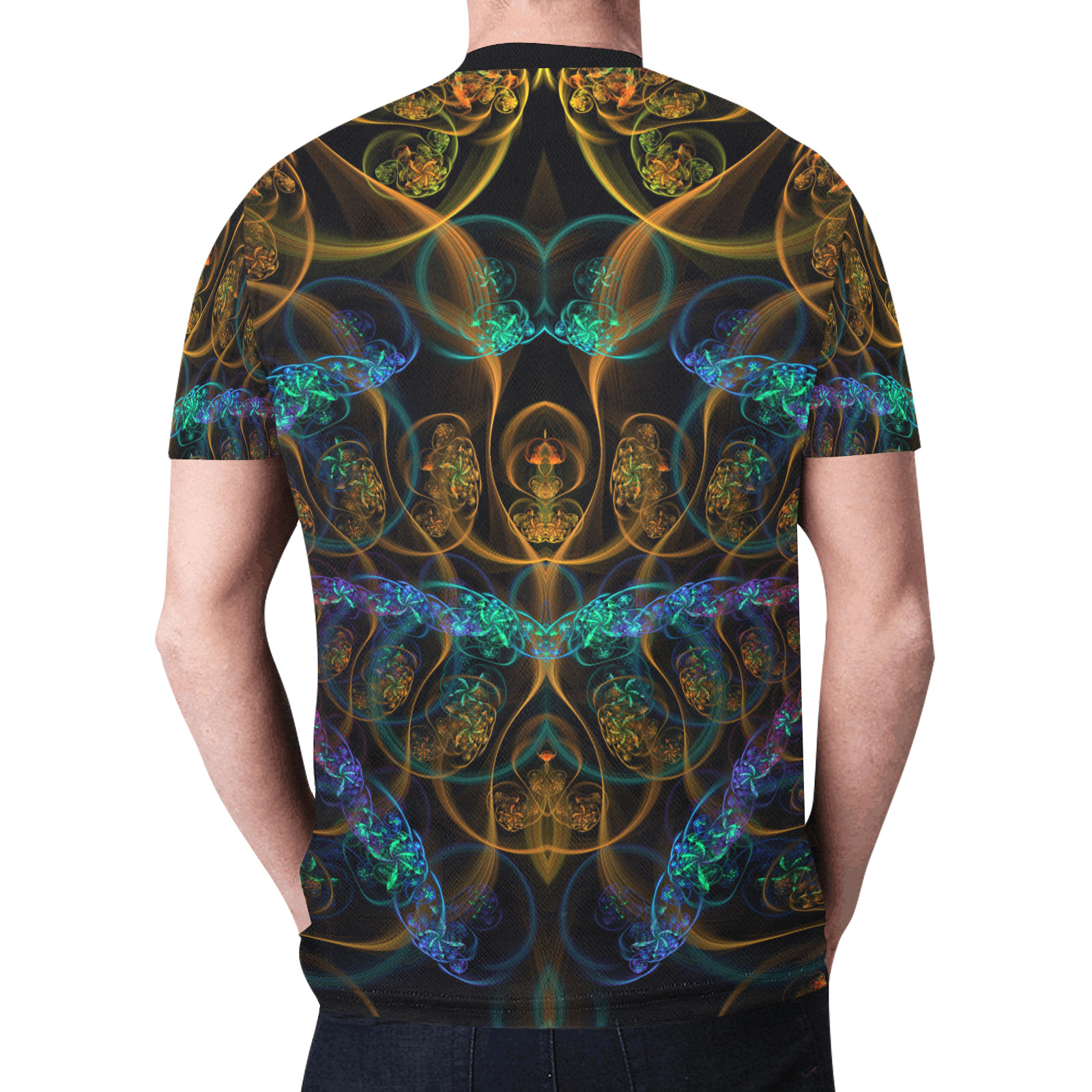 Fractal Pattern Aqua and Gold Tones on Black New All Over Print T-shirt for Men (Model T45)