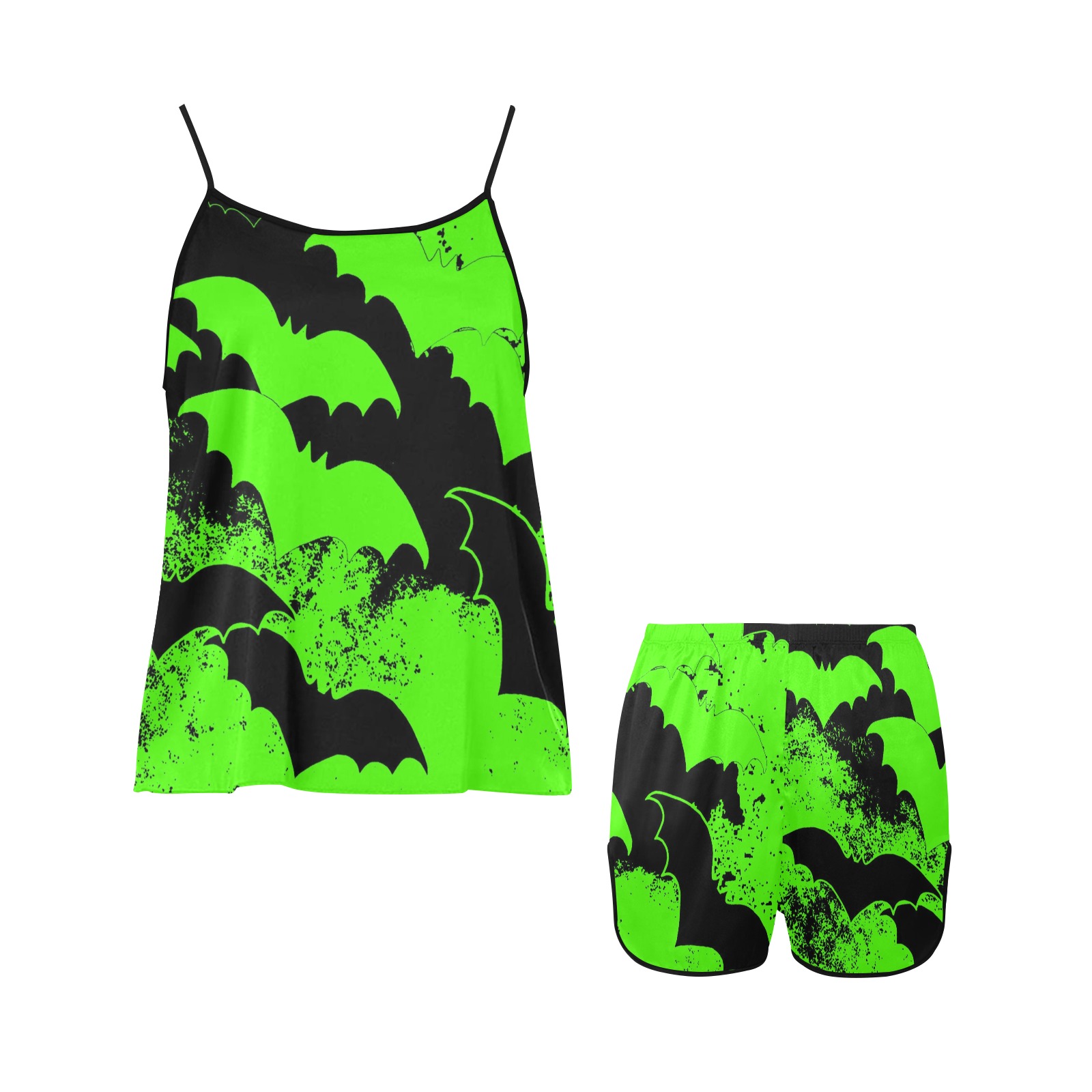 Black Bats In Flight Green Women's Spaghetti Strap Short Pajama Set