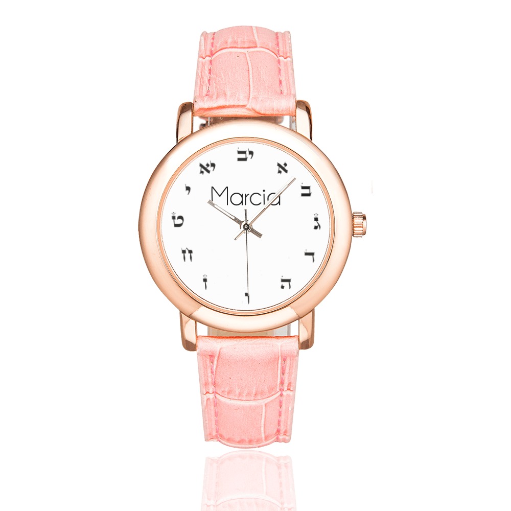 white hebrew letters for watches-Marcia Women's Rose Gold Leather Strap Watch(Model 201)