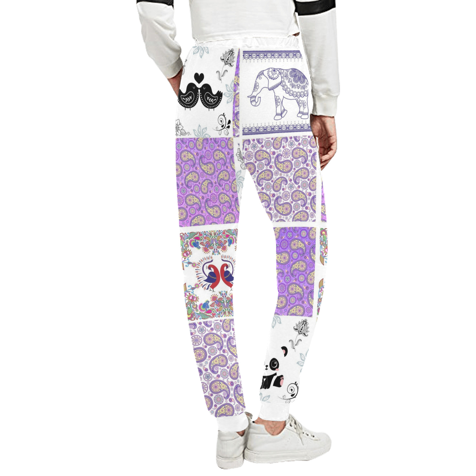 Purple Paisley Birds and Animals Patchwork Design Unisex All Over Print Sweatpants (Model L11)
