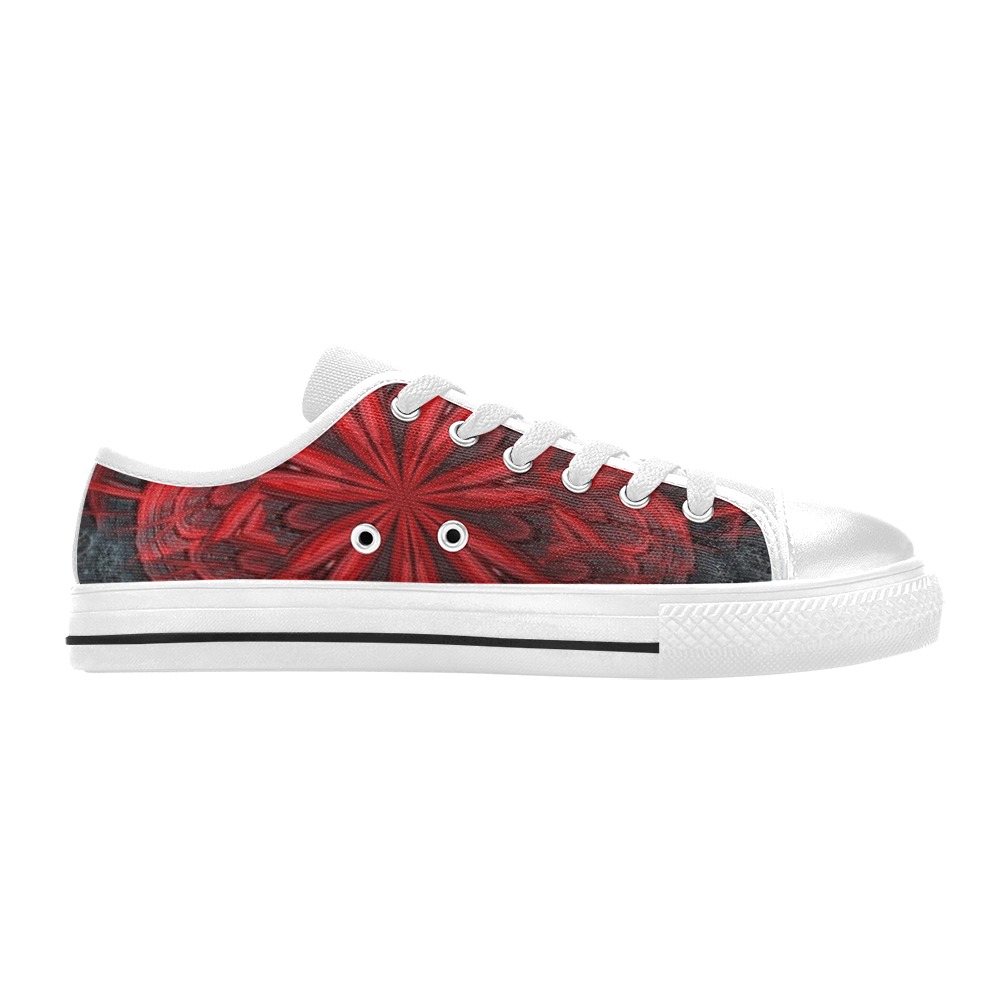 Red Flower on the Black Lava Fractal Kaleidoscope Mandala Abstract Low Top Canvas Shoes for Kid (Model 018)