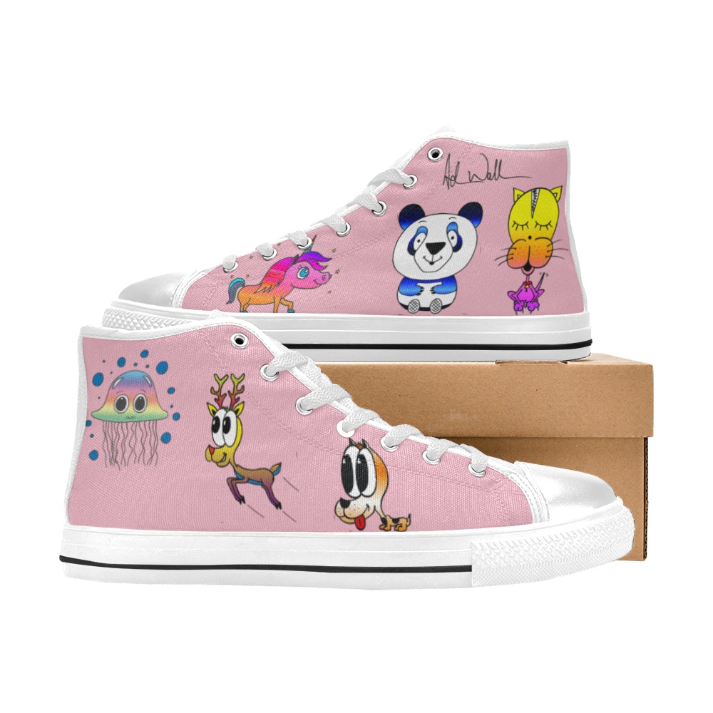 Women's Signed Adam Wallace Pink Shoes - Unicorn Panda Cat Puppy Jellyfish Reindeer Women's Classic High Top Canvas Shoes (Model 017)