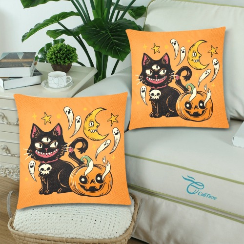 Creepy Black Cat Halloween Custom Zippered Pillow Cases 18"x 18" (Twin Sides) (Set of 2)