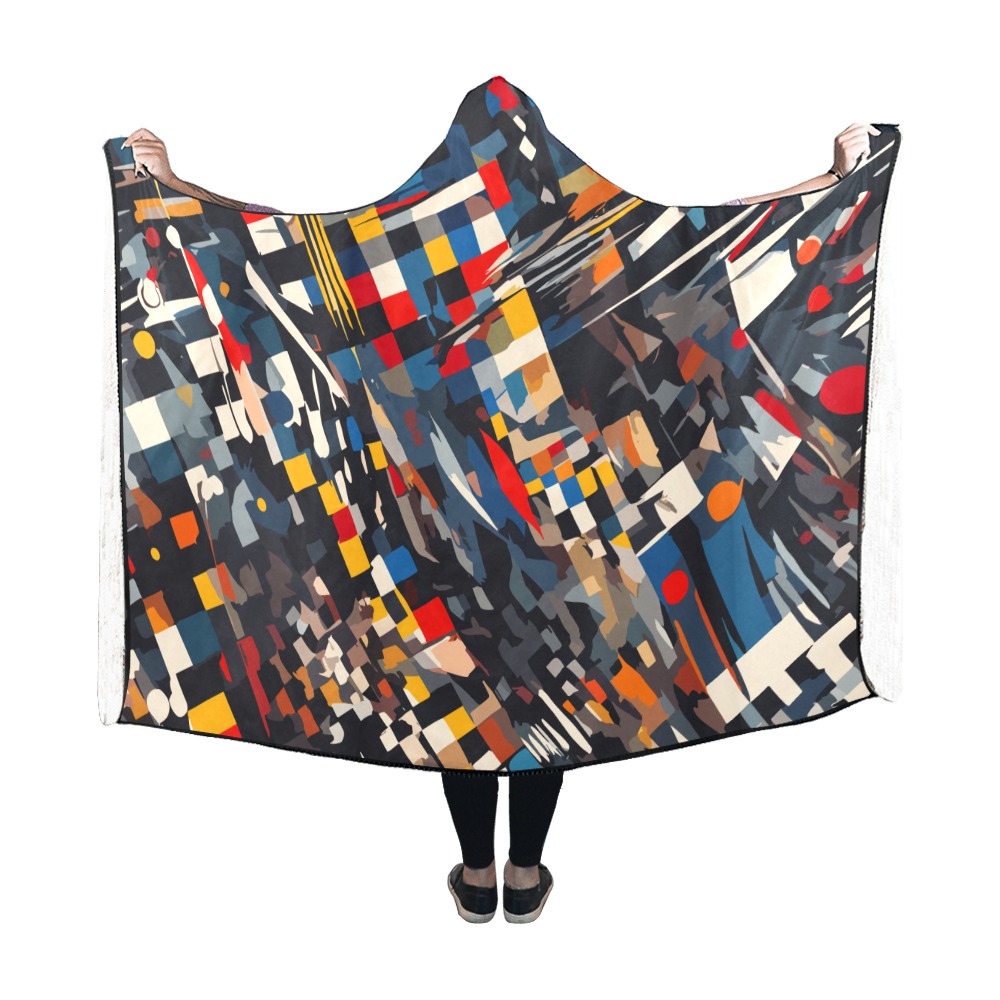 Modernistic abstract art of colorful checks, dots. Hooded Blanket 60''x50''