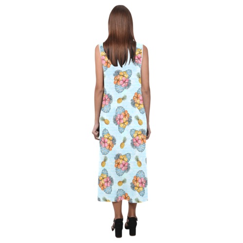 Summer Tropical Hibiscus Pattern Phaedra Sleeveless Open Fork Long Dress (Model D08)