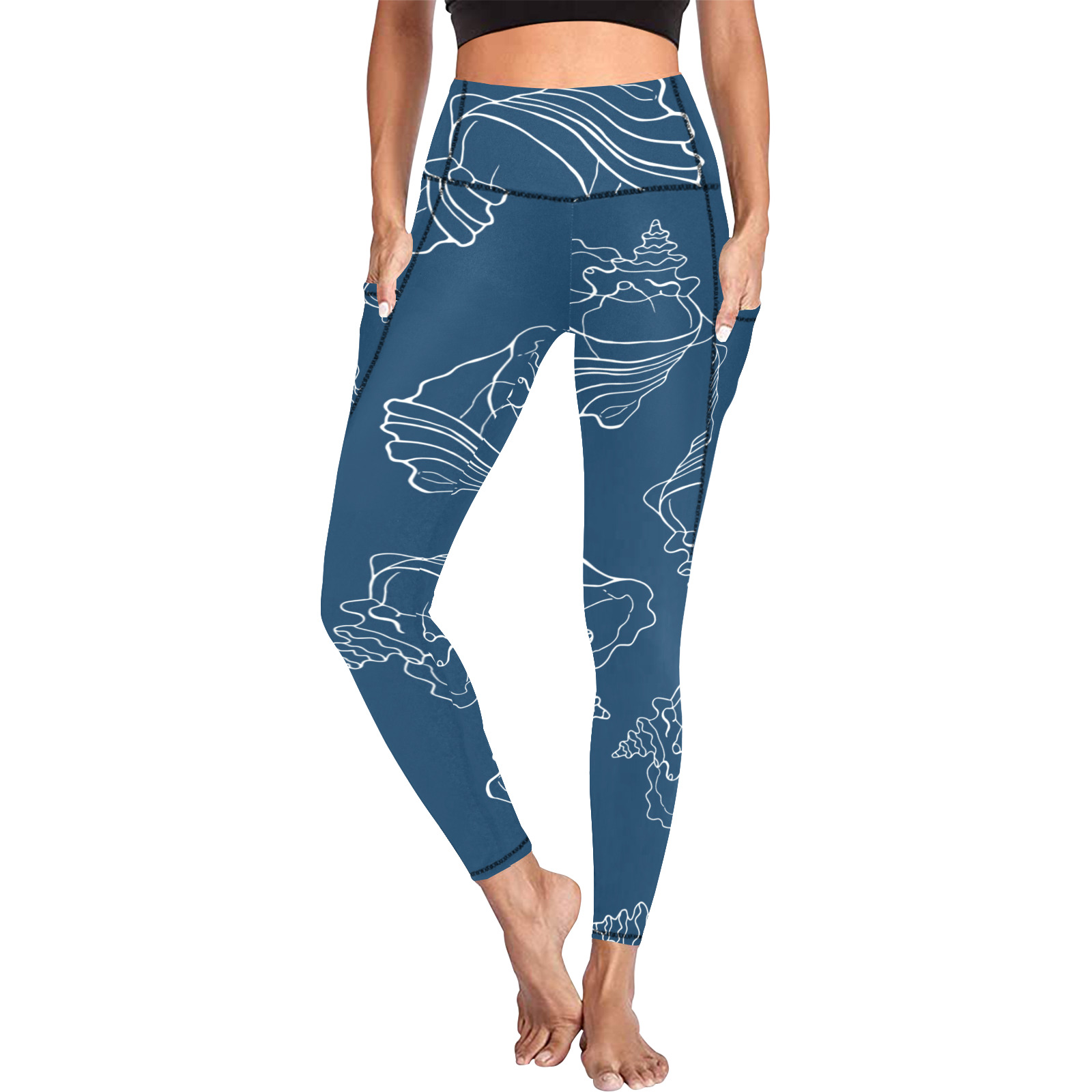 White shell silhouette on Blue background Women's All Over Print Leggings with Pockets (Model L56)