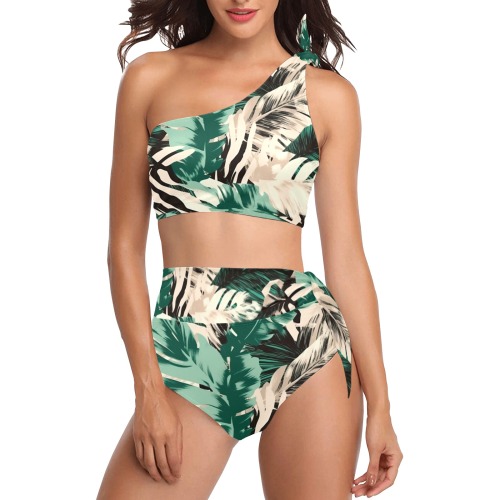 Lush wild abstract jungle-374 High Waisted One Shoulder Bikini Set (Model S16)