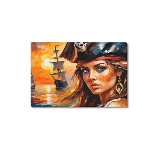 Adorable pirate girl and two tall ships at sunset. Upgraded Canvas Print 18"x12"
