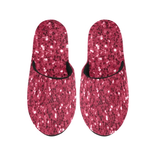 Magenta dark pink red faux sparkles glitter Women's Cotton Slippers (Model 0601)