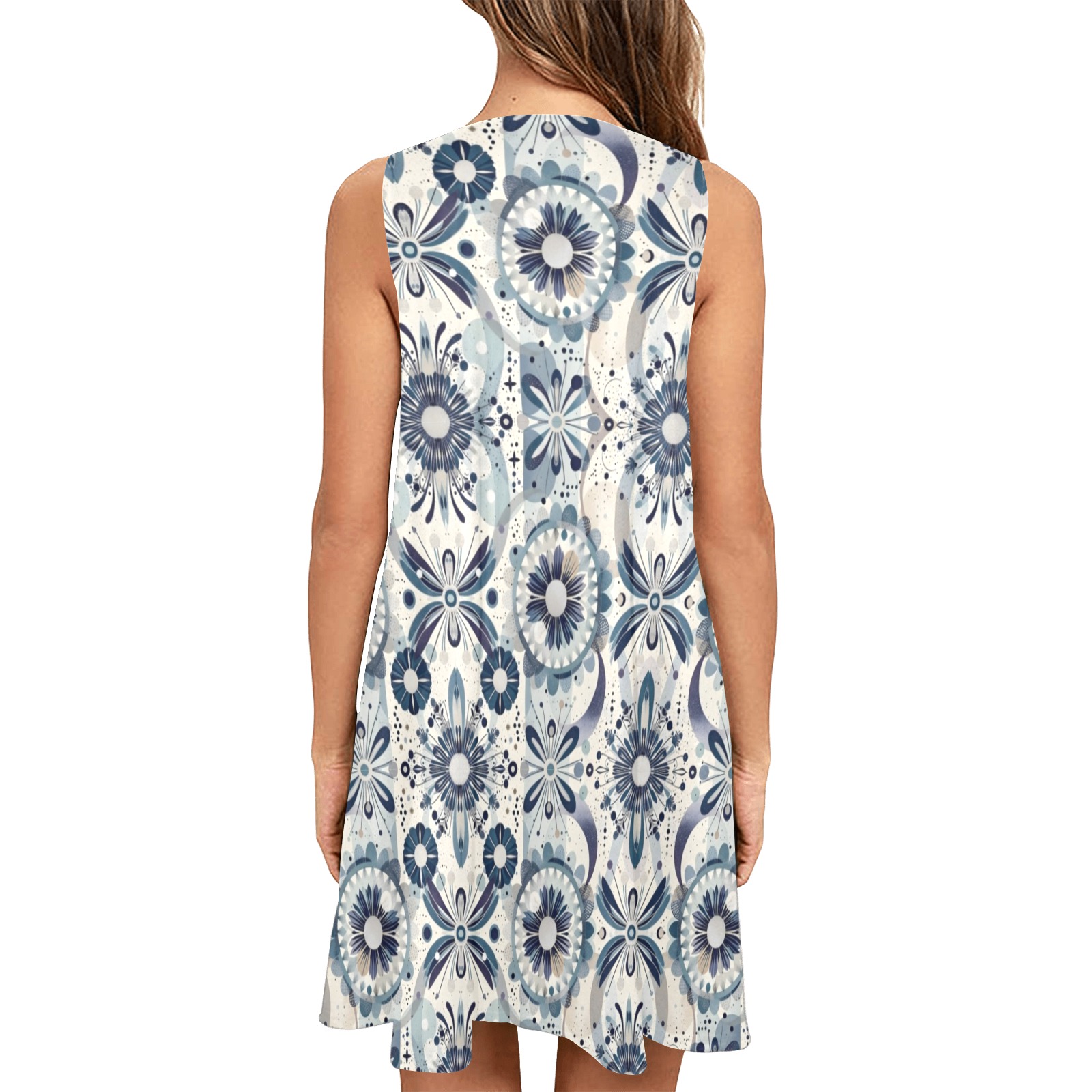Blue and Beige Atomic Flowers Sleeveless A-Line Pocket Dress (Model D57)