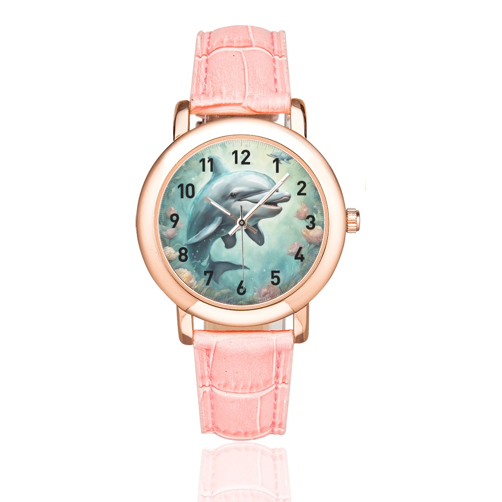 Dolphin Fantasy 8 Women's Rose Gold Leather Strap Watch(Model 201)