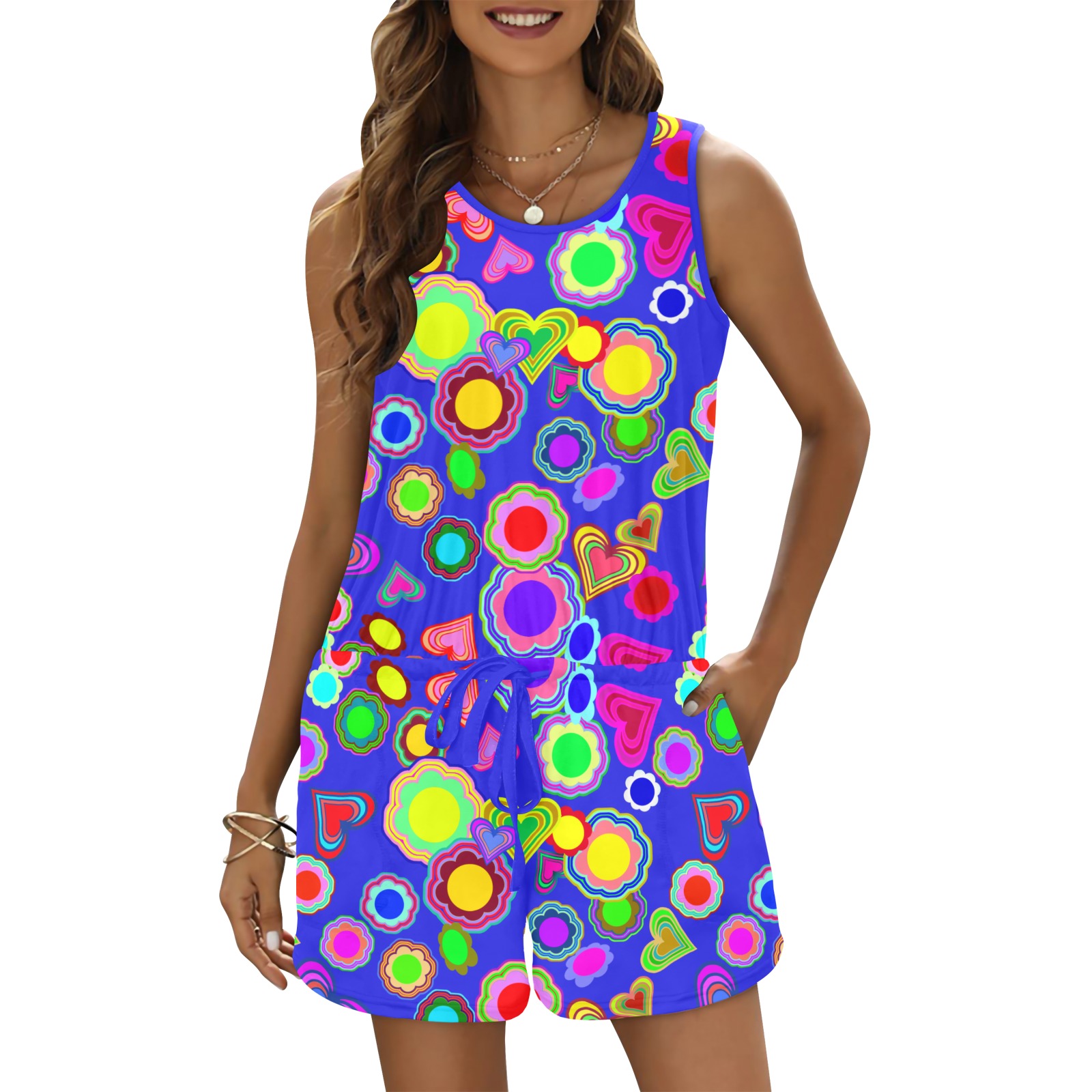 Groovy Hearts and Flowers Blue All Over Print Vest Short Jumpsuit