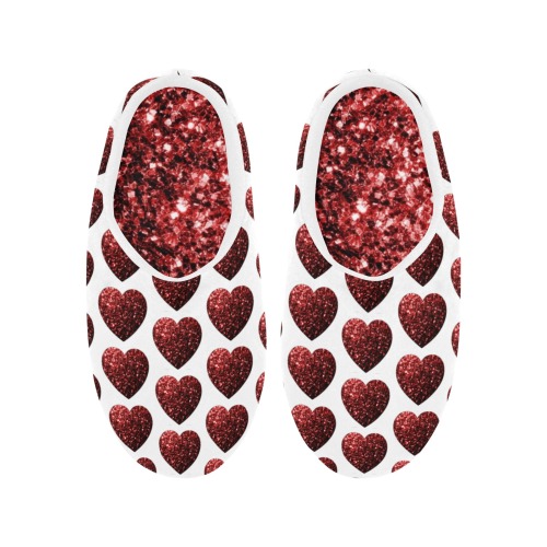 Red sparkles heart faux glitter Valentines Day love pattern on white Women's Non-Slip Cotton Slippers (Model 0602)