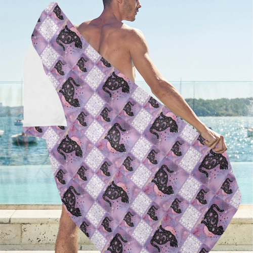 Purple Cosmic Cats Patchwork Pattern Beach Towel 32"x 71"