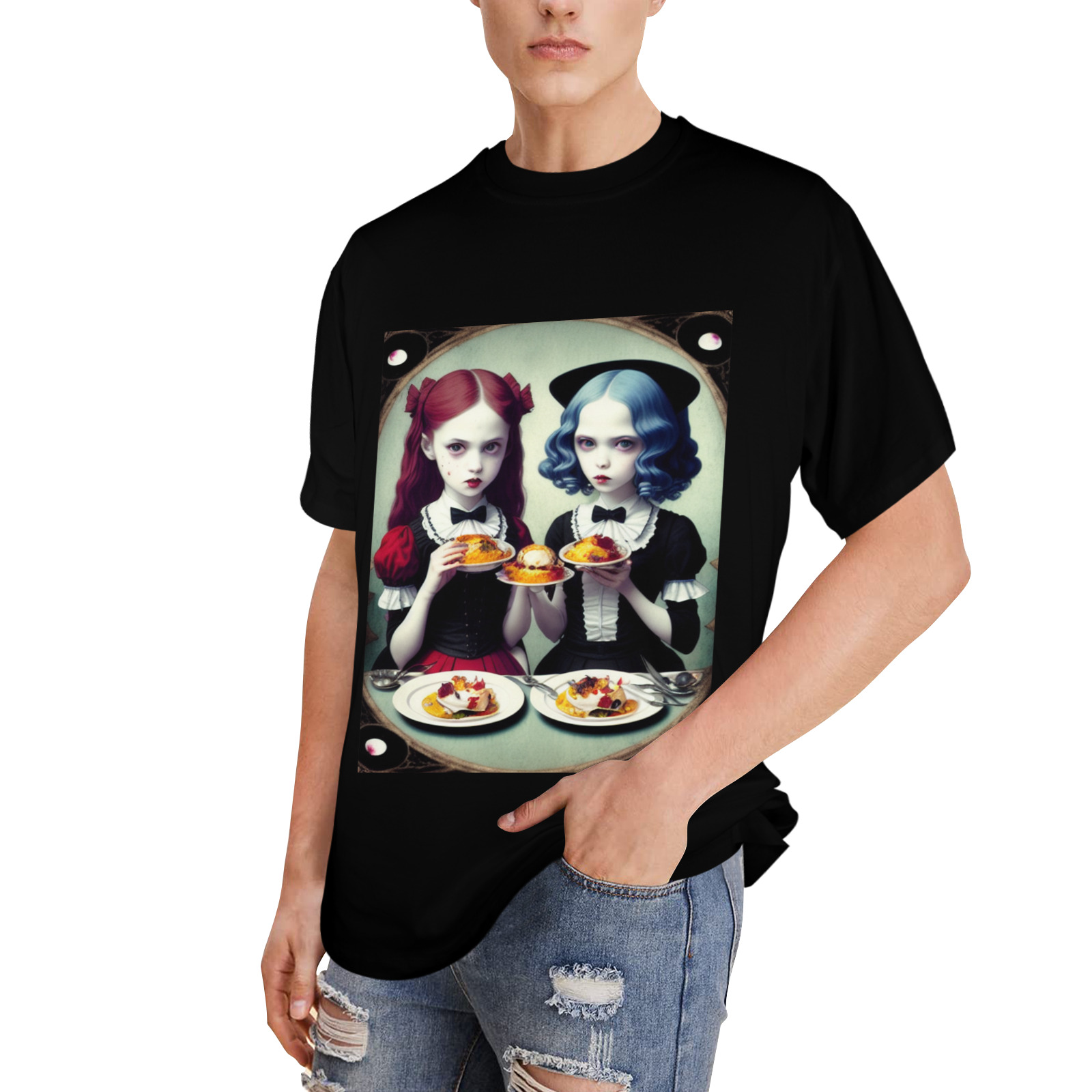 cute adorable gothic girls eating 7 Men's Glow in the Dark T-shirt (Front Printing)