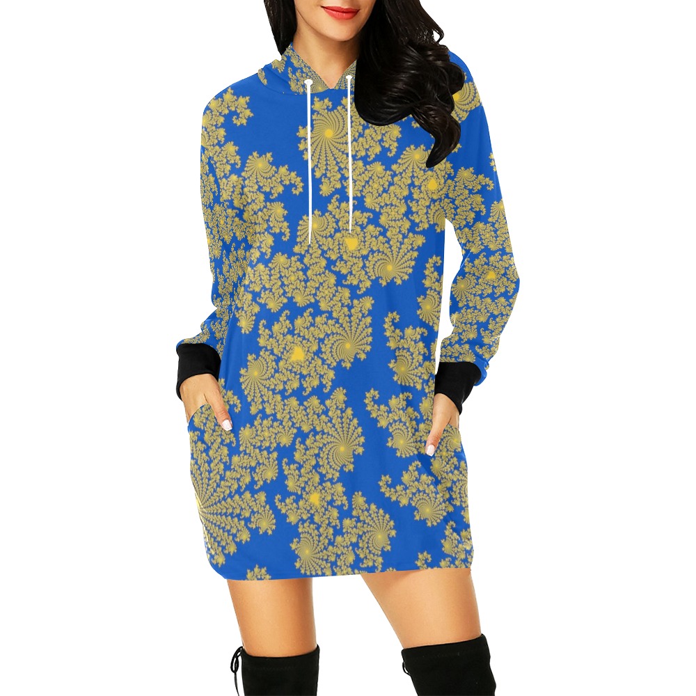 Classic Yellow Fractal on Blue All Over Print Hoodie Mini Dress (Model H27)