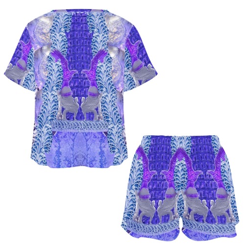 blue purple elephants Women's Mid-Length Shorts Pajama Set