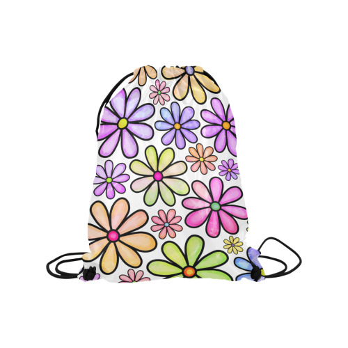 Watercolor Rainbow Doodle Daisy Flower Pattern Medium Drawstring Bag Model 1604 (Twin Sides) 13.8"(W) * 18.1"(H)